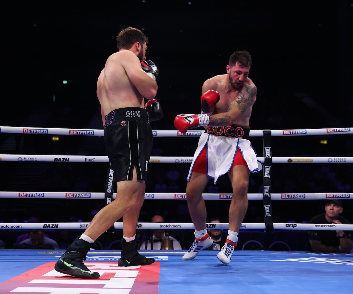 Pat Brown and Ivan Duka during their boxing bout in Birmingham, England