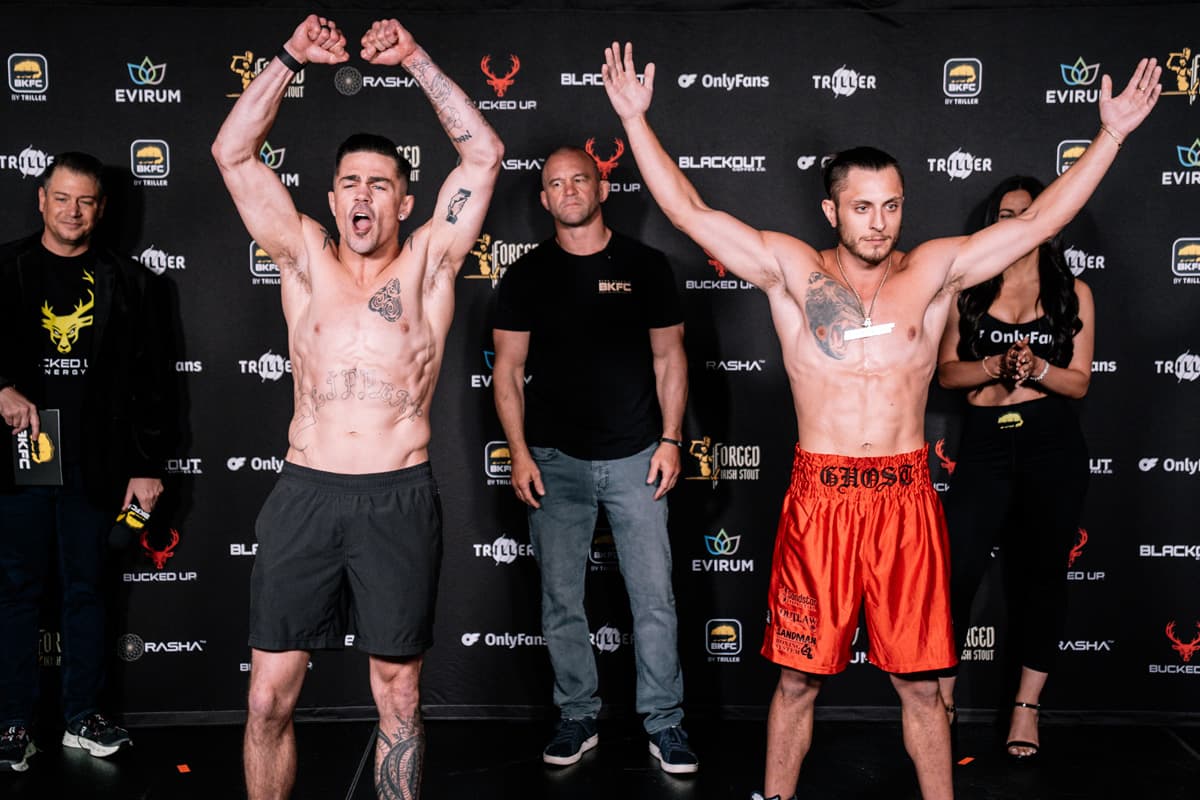 Peter Barrett and Nash Diederichs during the weigh-in ahead of their bare-knuckle boxing bout at BKFC Mohegan Sun
