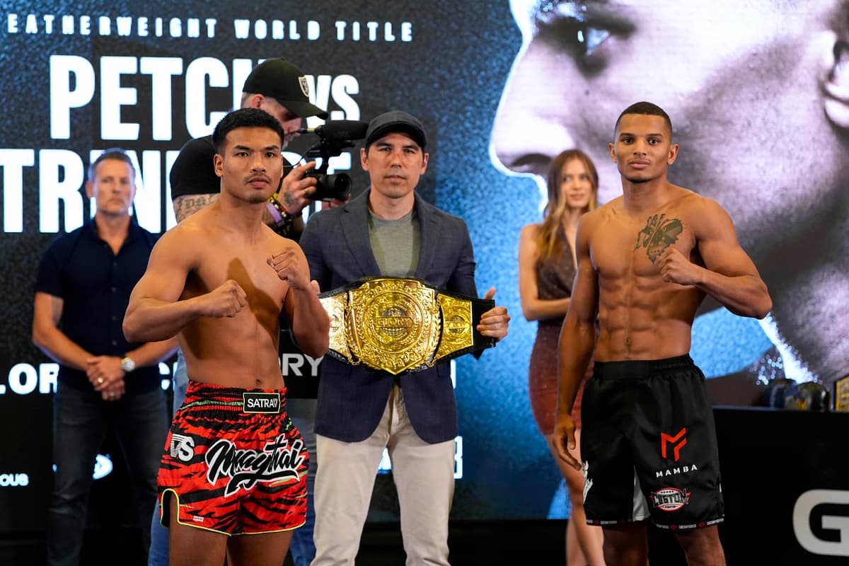 Petpanomrung Kiatmuu9 and Miguel Trindade at the Glory 100 weigh-in ahead of their kickboxing bout at the Ahoy Rotterdam in the Netherlands