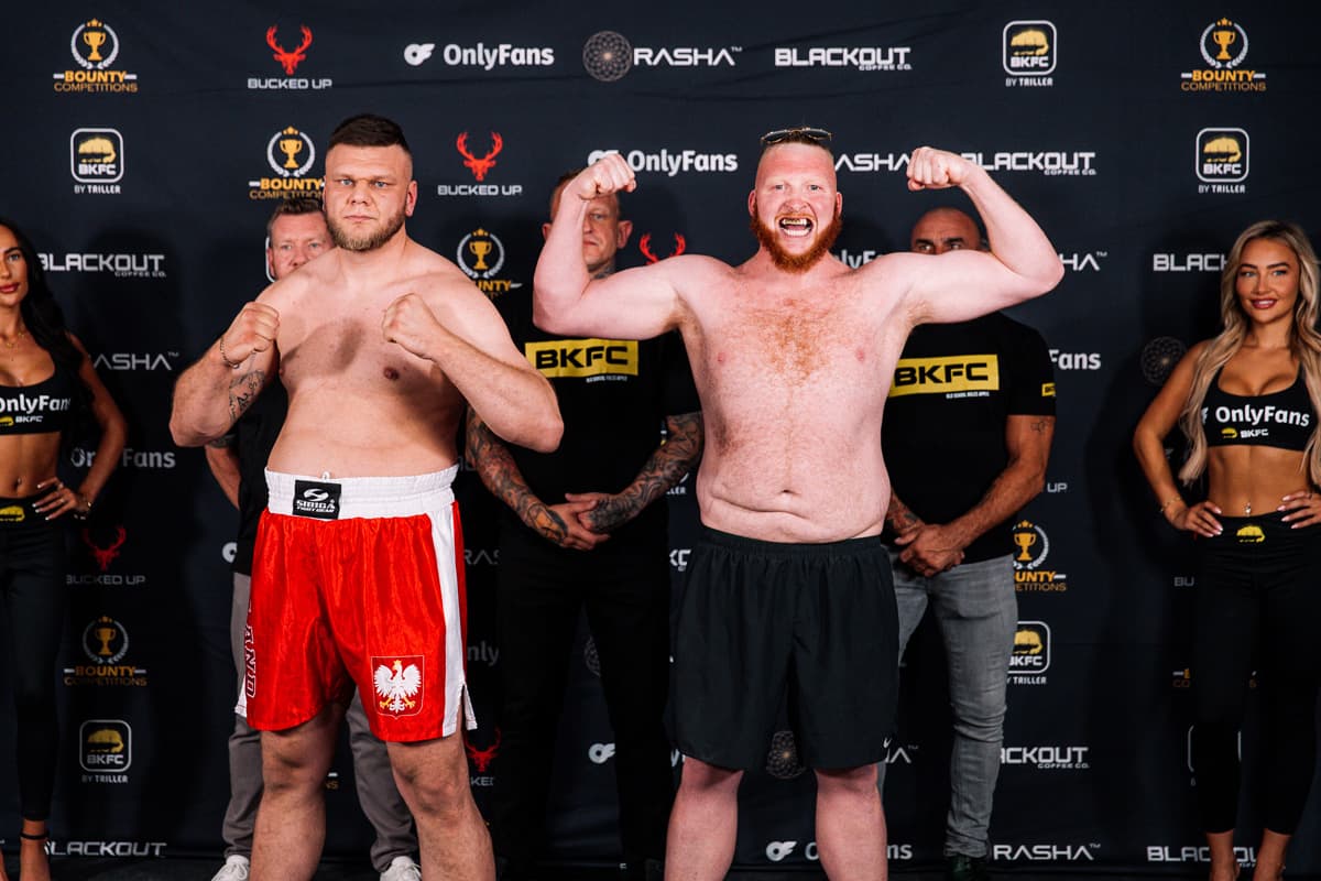 Rafal Witkowski and Liam Smyth during the weigh-in ahead of their bout BKFC 77 Birmingham