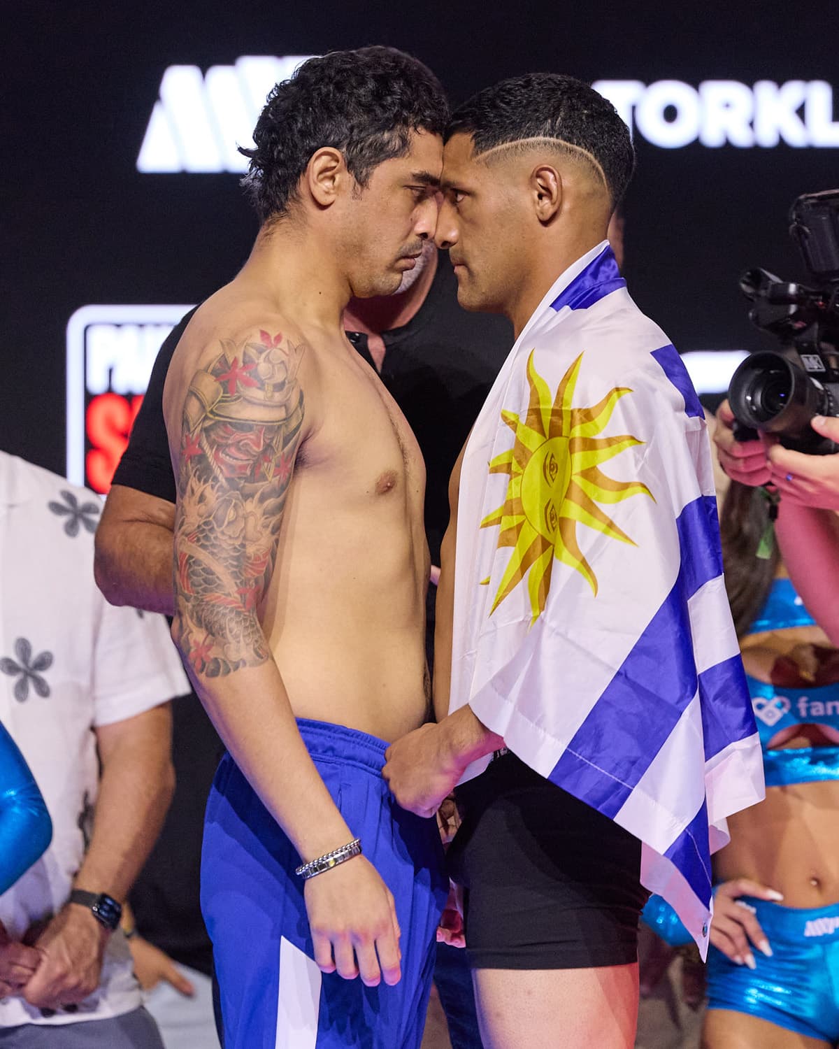 Raul Curiel and Victor Ezequiel Rodriguez during the weigh-in ahead of their bout in Anaheim, CA