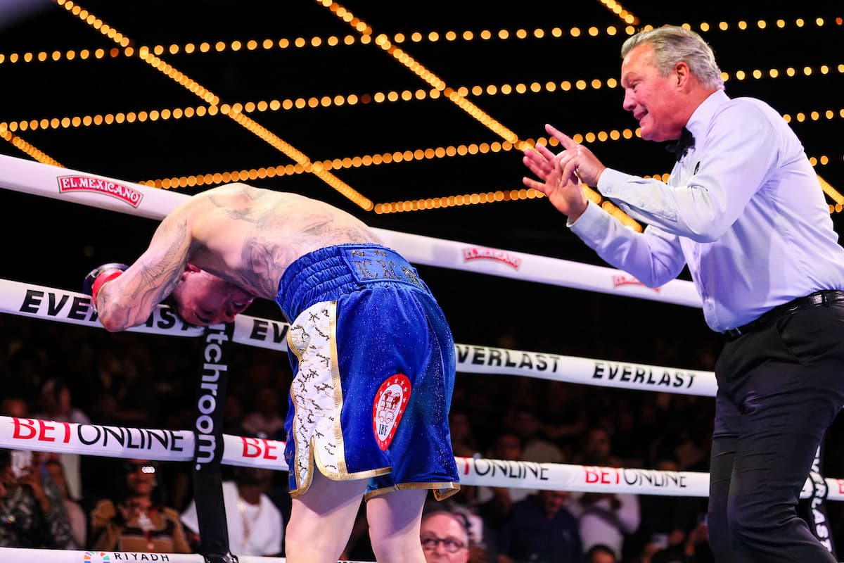 Referee Michael Griffin gives George Kambosos Jr an eight-count during his bout against Richardson Hitchins at The Theater at MSG in New York
