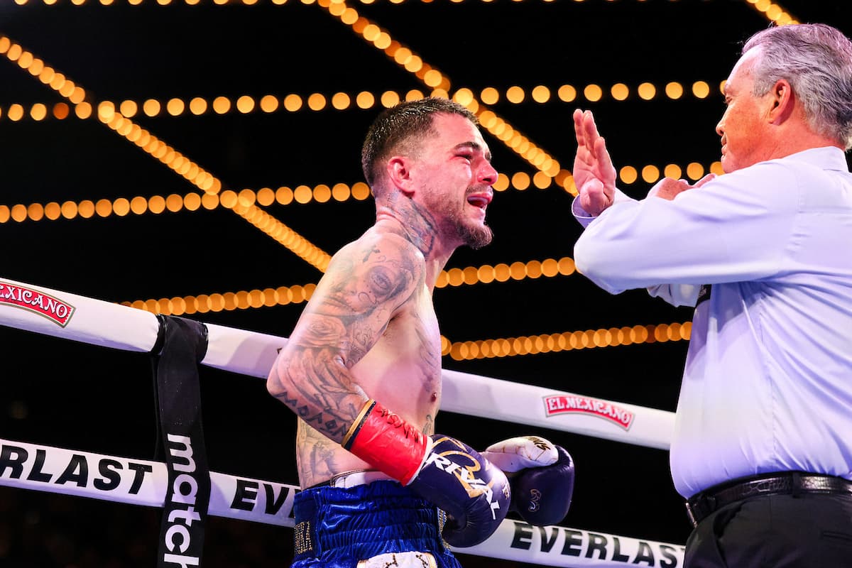 Referee Michael Griffin waves George Kambosos Jr off during his bout against Richardson Hitchins at The Theater at MSG in New York