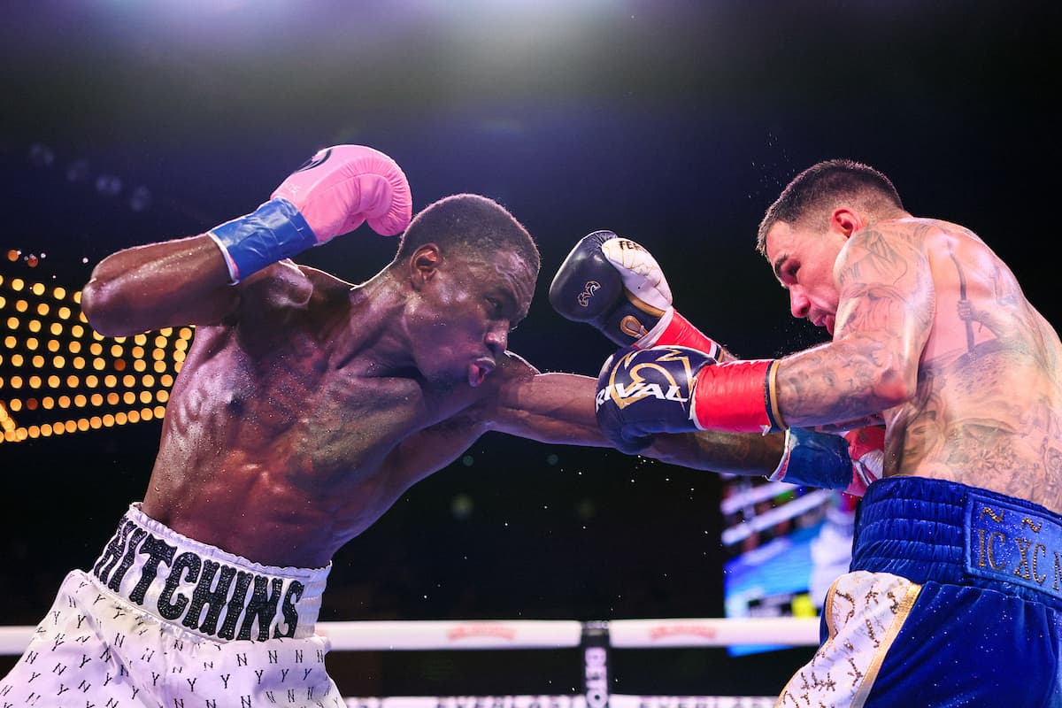 Richardson Hitchins throws a jab to the body during his bout against George Kambosos Jr at The Theater at MSG in New York