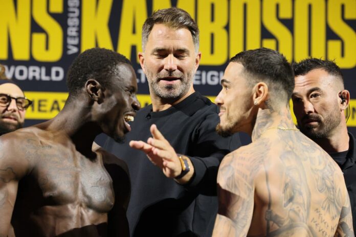 Richardson Hitchins and George Kambosos Jr come face-to-face at the weigh-in, ahead of their boxing bout in New York