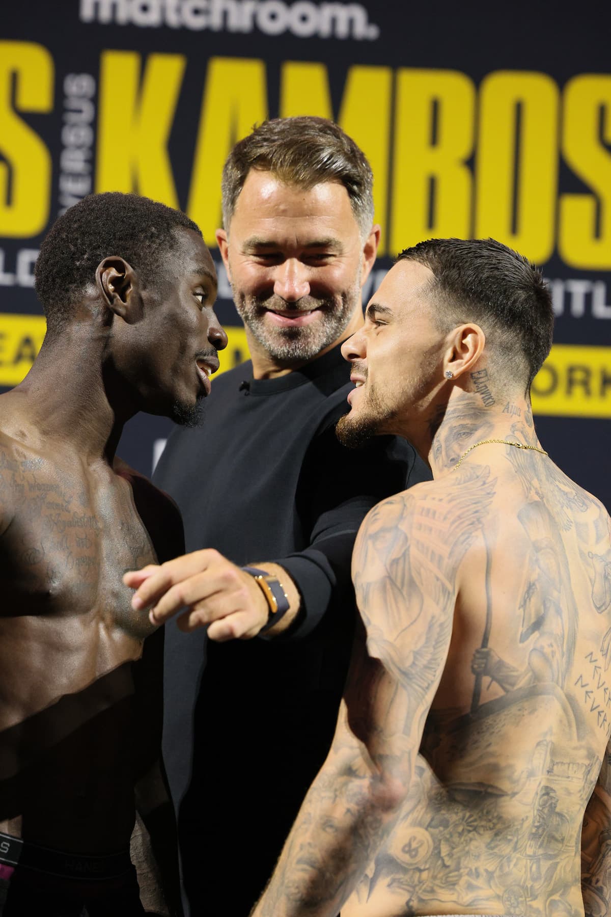 Richardson Hitchins and George Kambosos Jr come face-to-face during the weigh-in ahead of their bout in New York