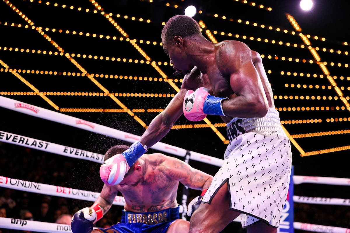 Richardson Hitchins punches George Kambosos Jr during their bout at The Theater at MSG in New York