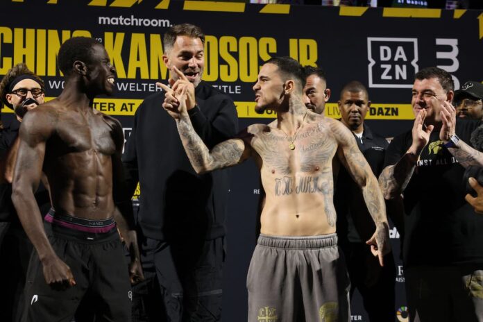 Richardson Hitchins and George Kambosos Jr at the weigh-in ahead of their bout in New York