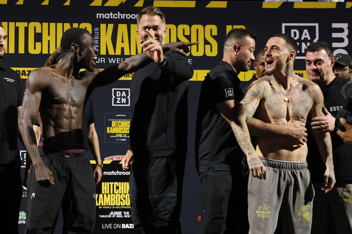 Richardson Hitchins and George Kambosos Jr during the weigh-in ahead of their bout in New York
