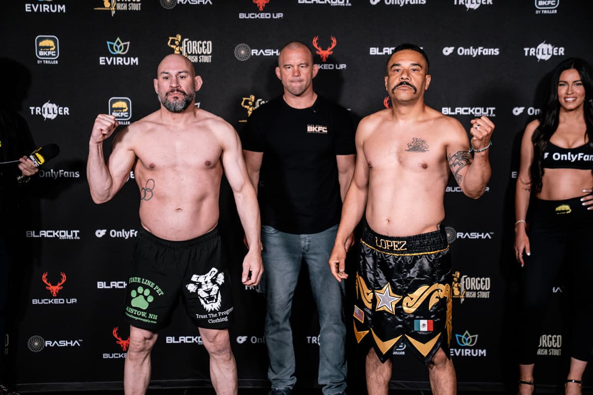 Rick Hawn and Sergio Lopez during the weigh-in ahead of their bare-knuckle boxing bout at BKFC Mohegan Sun