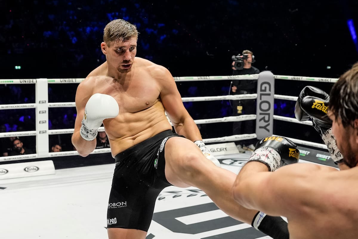 Rico Verhoeven throws a kick during his bout against Artem Vakhitov at Glory 100
