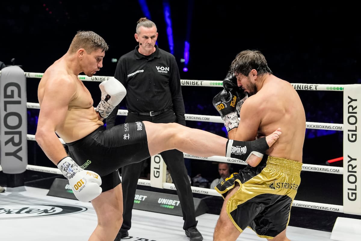 Rico Verhoeven throws a push kick during his bout against Artem Vakhitov at Glory 100