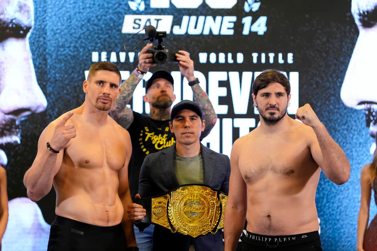 Rico Verhoeven and Artem Vakhitov at the Glory 100 weigh-in ahead of their kickboxing bout at the Ahoy Rotterdam in the Netherlands