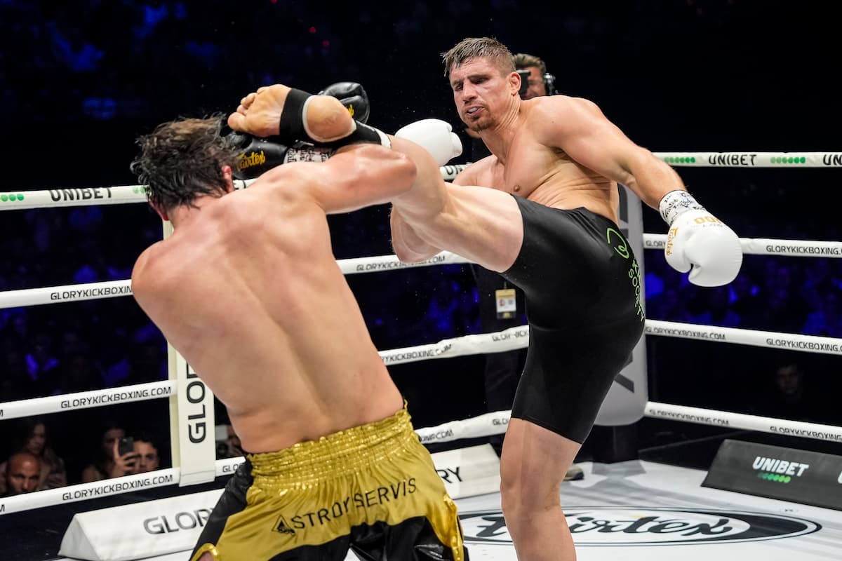 Rico Verhoeven throws a kick during his bout against Artem Vakhitov at Glory 100