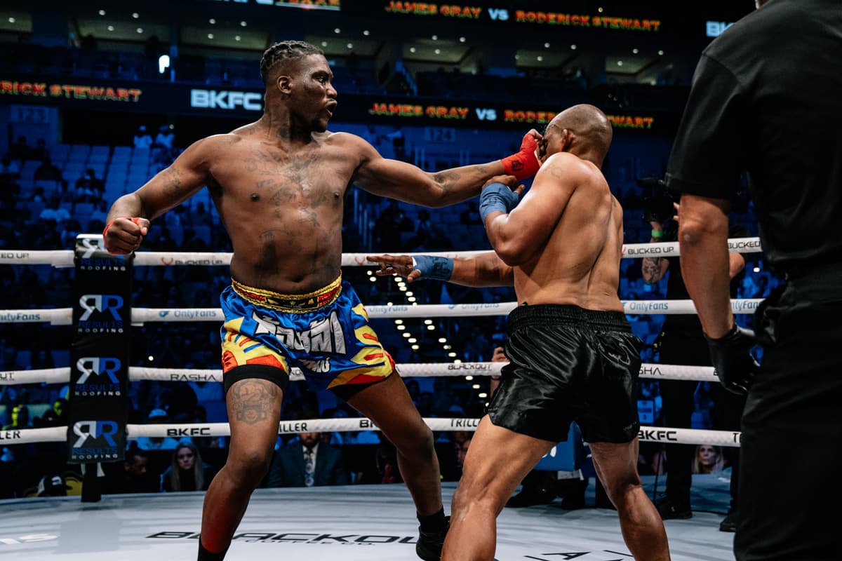 Roderick Stewart and James Gray during their bare-knuckle boxing bout at BKFC 76 Texas