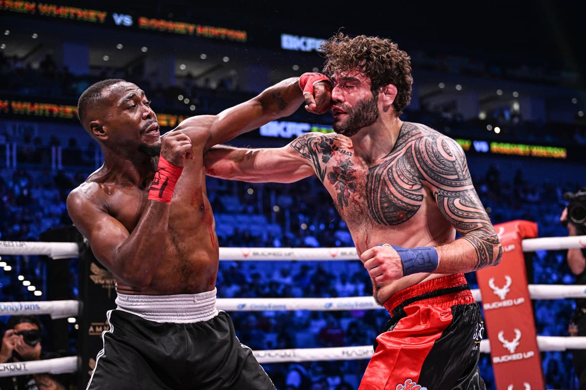 Rodney Hinton and Darren Whitney during their bare-knuckle boxing bout at BKFC 76 Texas