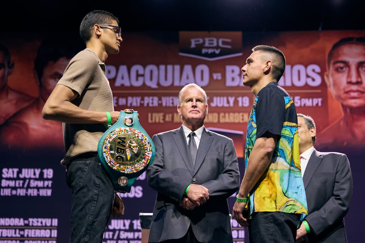 Sebastian Fundora and Tim Tszyu come face-to-face at the press conference in Los Angeles ahead of their bout