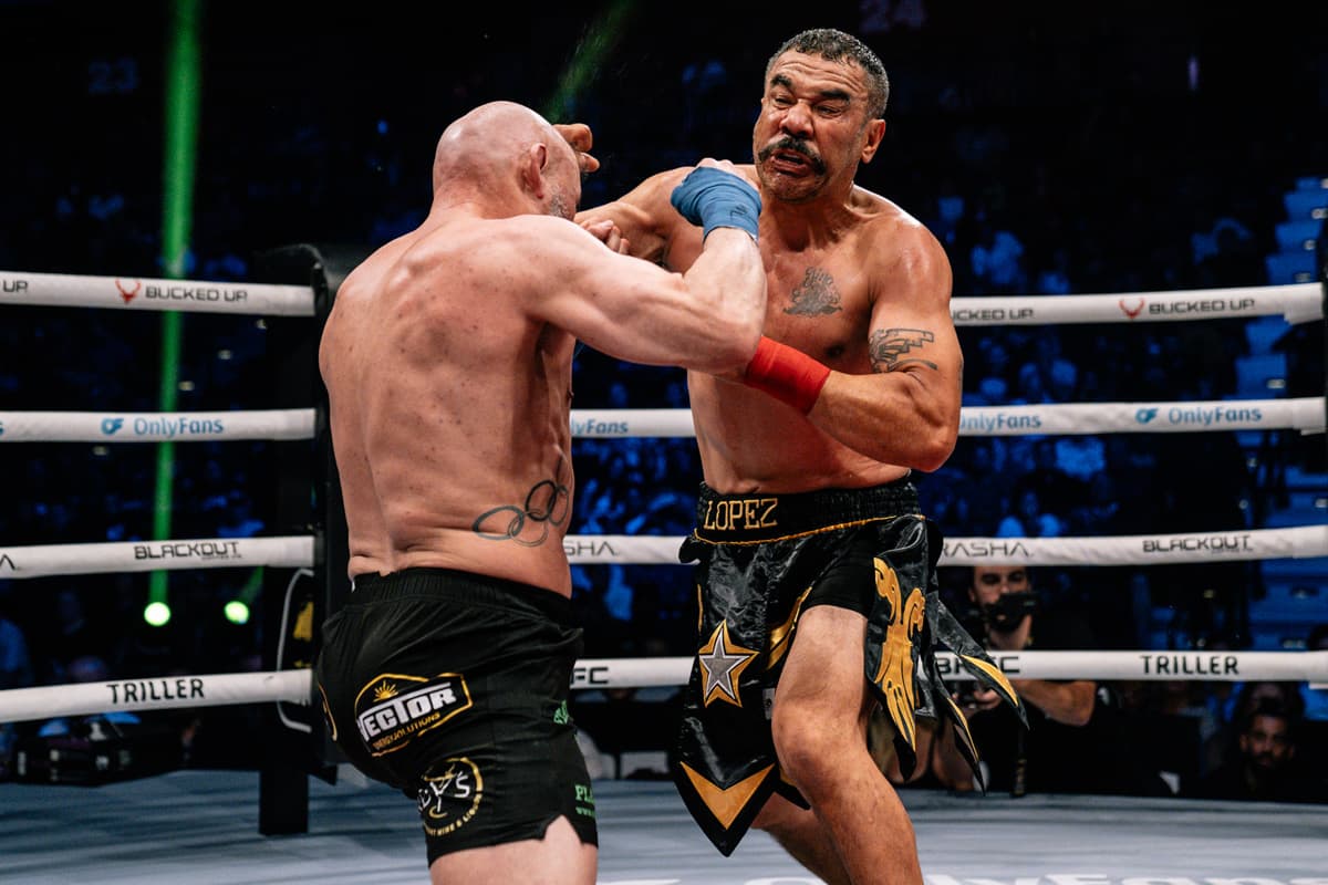 Sergio Lopez punches Rick Hawn during their bare-knuckle boxing bout at BKFC Mohegan Sun