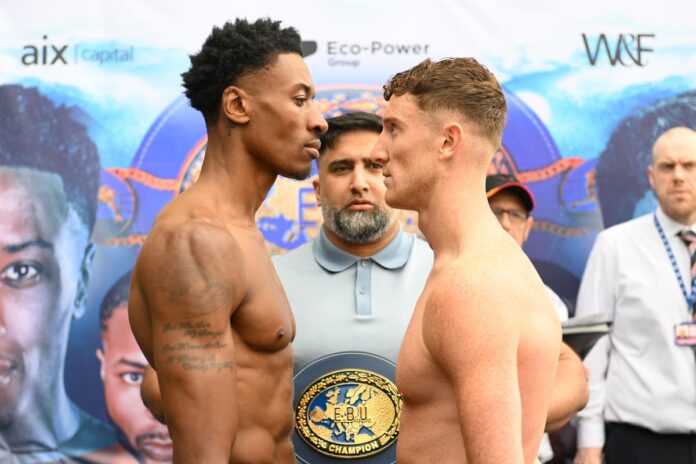 Shakan Pitters and Bradley Rea come face-to-face at the weigh-in, ahead of their boxing bout in Hull, England