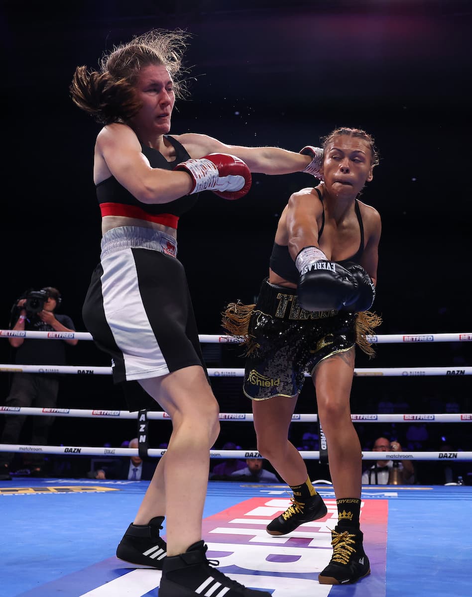 Tiah Mai Ayton throws a punch during her bout against Sara Orszagi in Birmingham, England