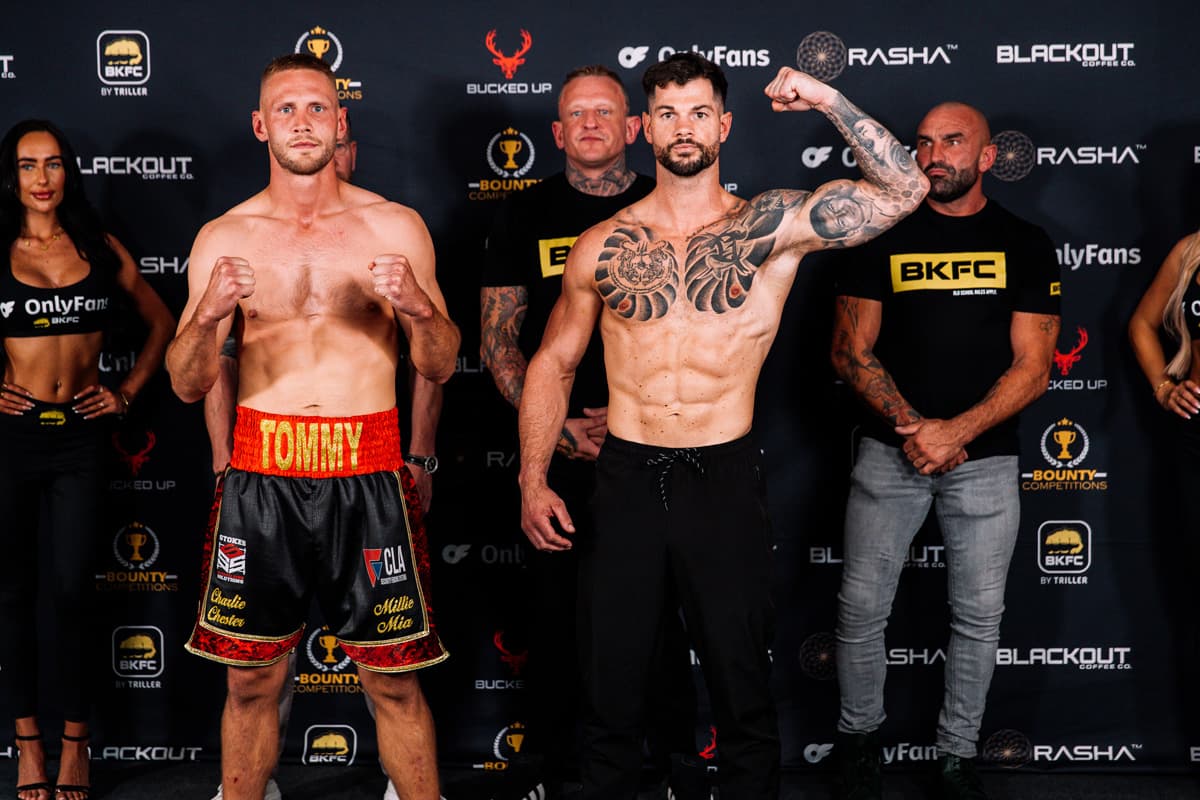 Tom Stokes and Ryan Aston during the weigh-in ahead of their bout BKFC 77 Birmingham