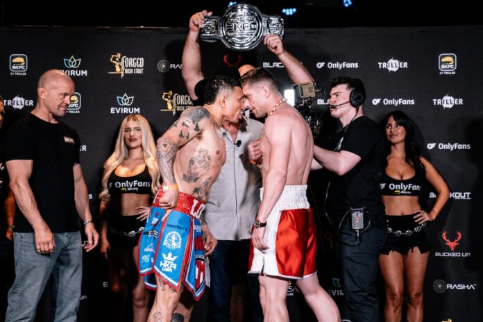Tony Soto and Ben Bonner face off at the BKFC 76 weigh-in, ahead of their bare-knuckle boxing bout in Fort Worth, Texas
