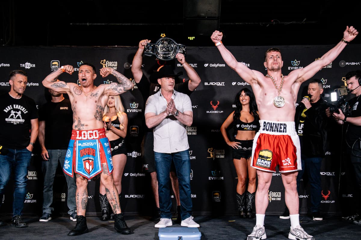 Tony Soto and Ben Bonner at the BKFC 76 Texas weigh-in, ahead of their bare-knuckle boxing bout at Dickies Arena in Fort Worth, TX