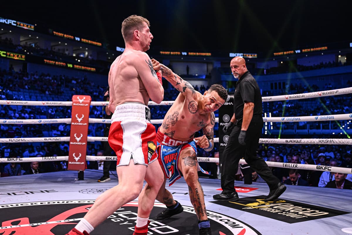 Tony Soto punches Ben Bonner during their bare-knuckle boxing bout at BKFC 76 Texas