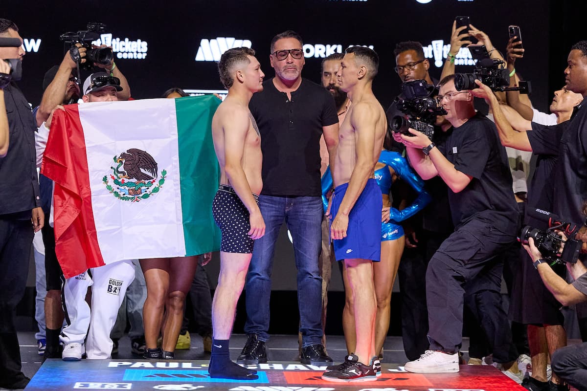 Victor Morales and Rene Alvarado during the weigh-in ahead of their bout in Anaheim, CA