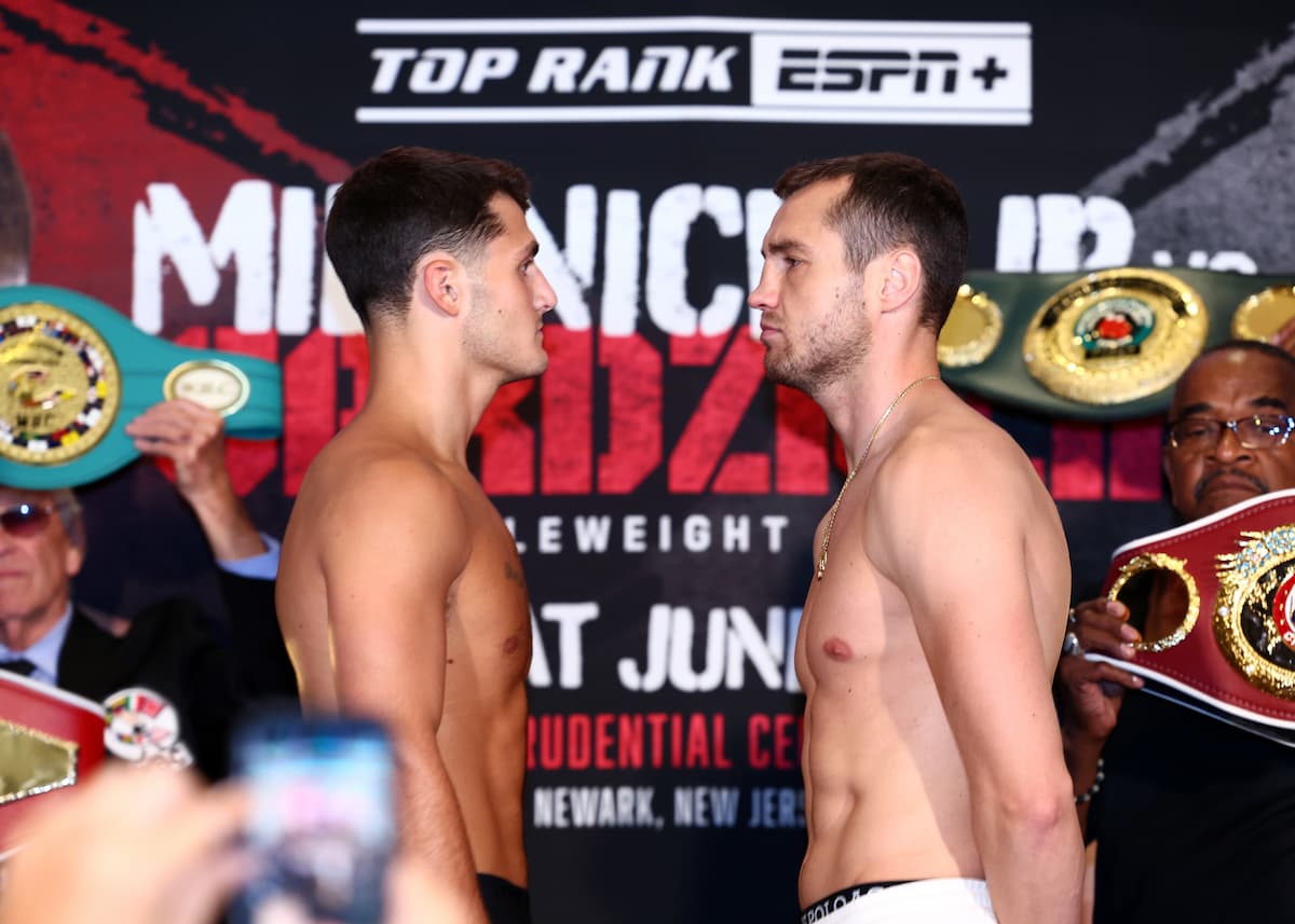 Vito Mielnicki Jr. and Kamil Gardzielik come face-to-face during the weigh-in ahead of their bout in Newark, New Jersey