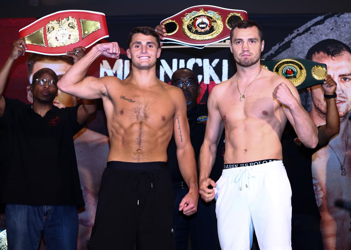 Vito Mielnicki Jr. and Kamil Gardzielik during the weigh-in ahead of their bout in Newark, New Jersey