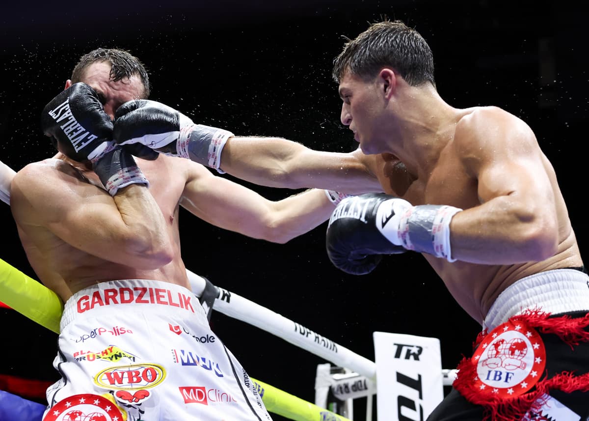 Vito Mielnicki Jr. punches Kamil Gardzielik during their boxing bout in Newark, New Jersey