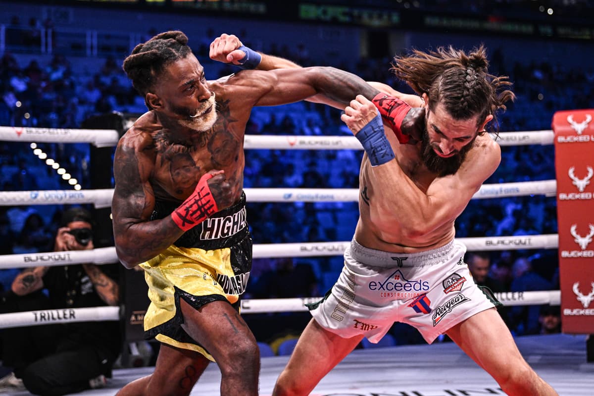Willie Gates punches Brandon Meneses during their bare-knuckle boxing bout at BKFC 76 Texas