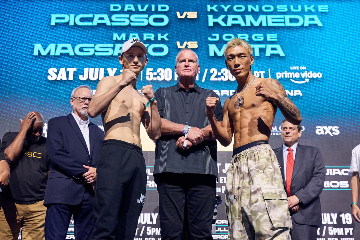 Alan Picasso Romero and Kyonosuke Kameda during the weigh-in ahead of their bout in Las Vegas