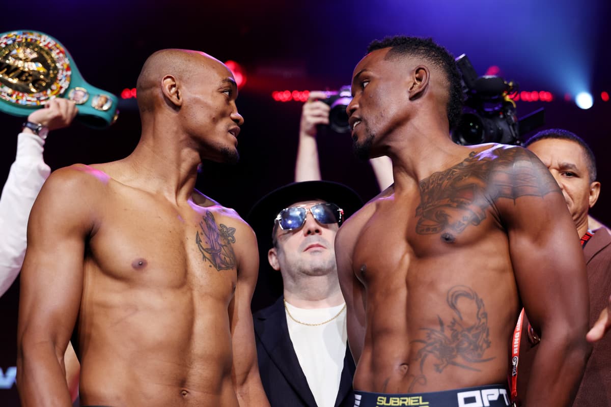 Alberto Puello and Subriel Matiasduring the weigh-in in Queens, New York