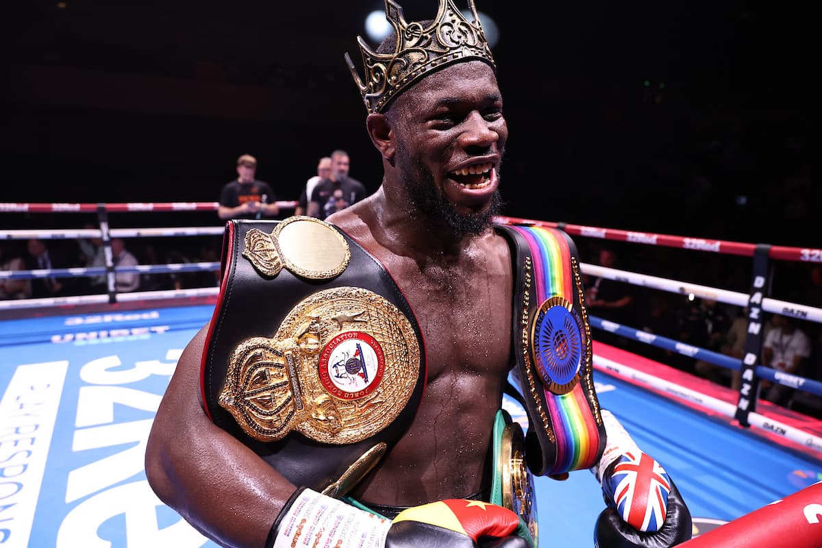 Aloys Youmbi after his victory over Ellis Zorro during their boxing bout at BIC in Bournemouth, England