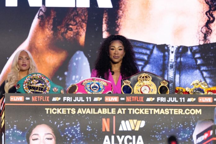 Alycia Baumgardner during the press conference ahead of her bout against Jennifer Miranda in New York