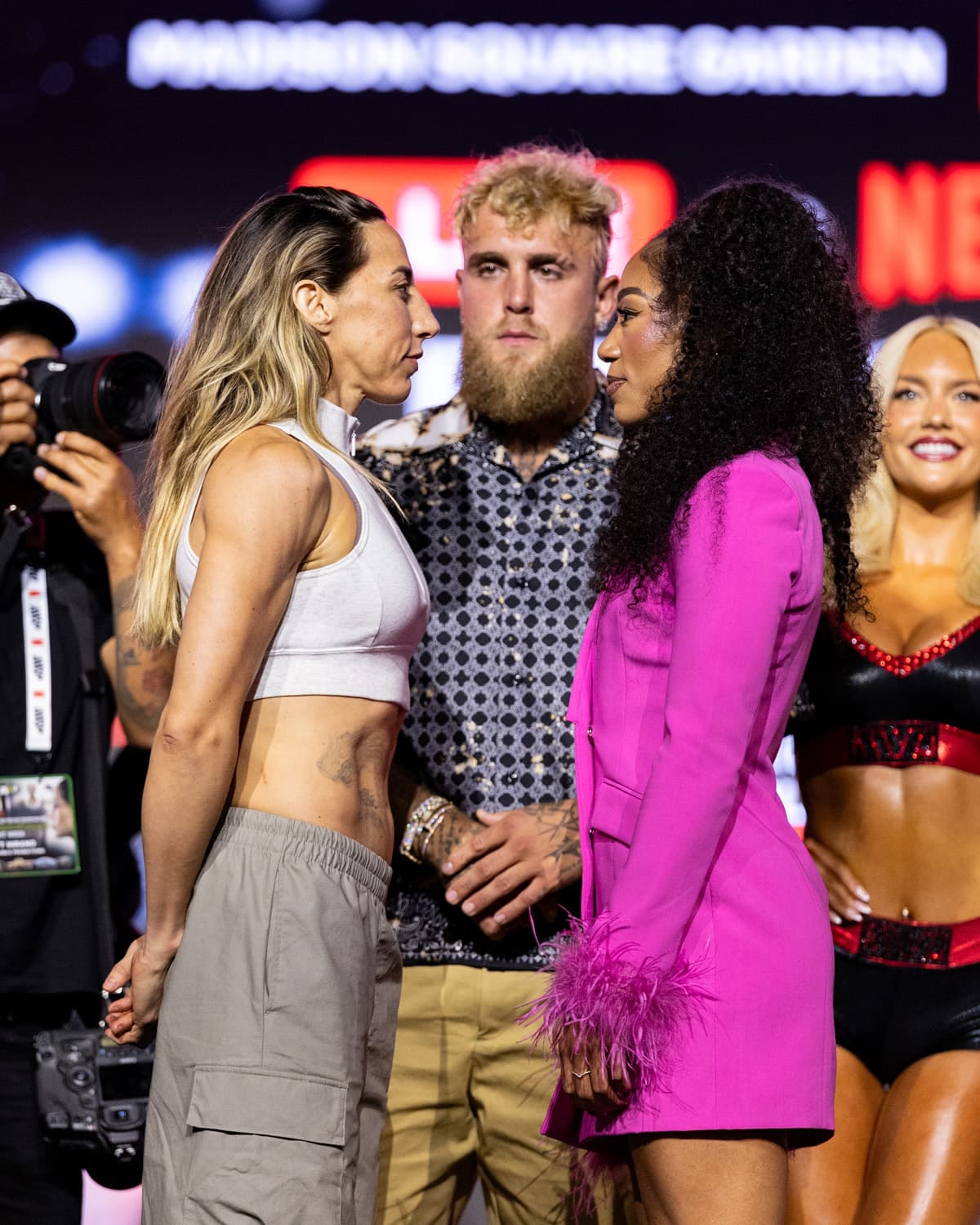 Alycia Baumgardner and Jennifer Miranda come face to face during the press conference ahead of her their bout in New York
