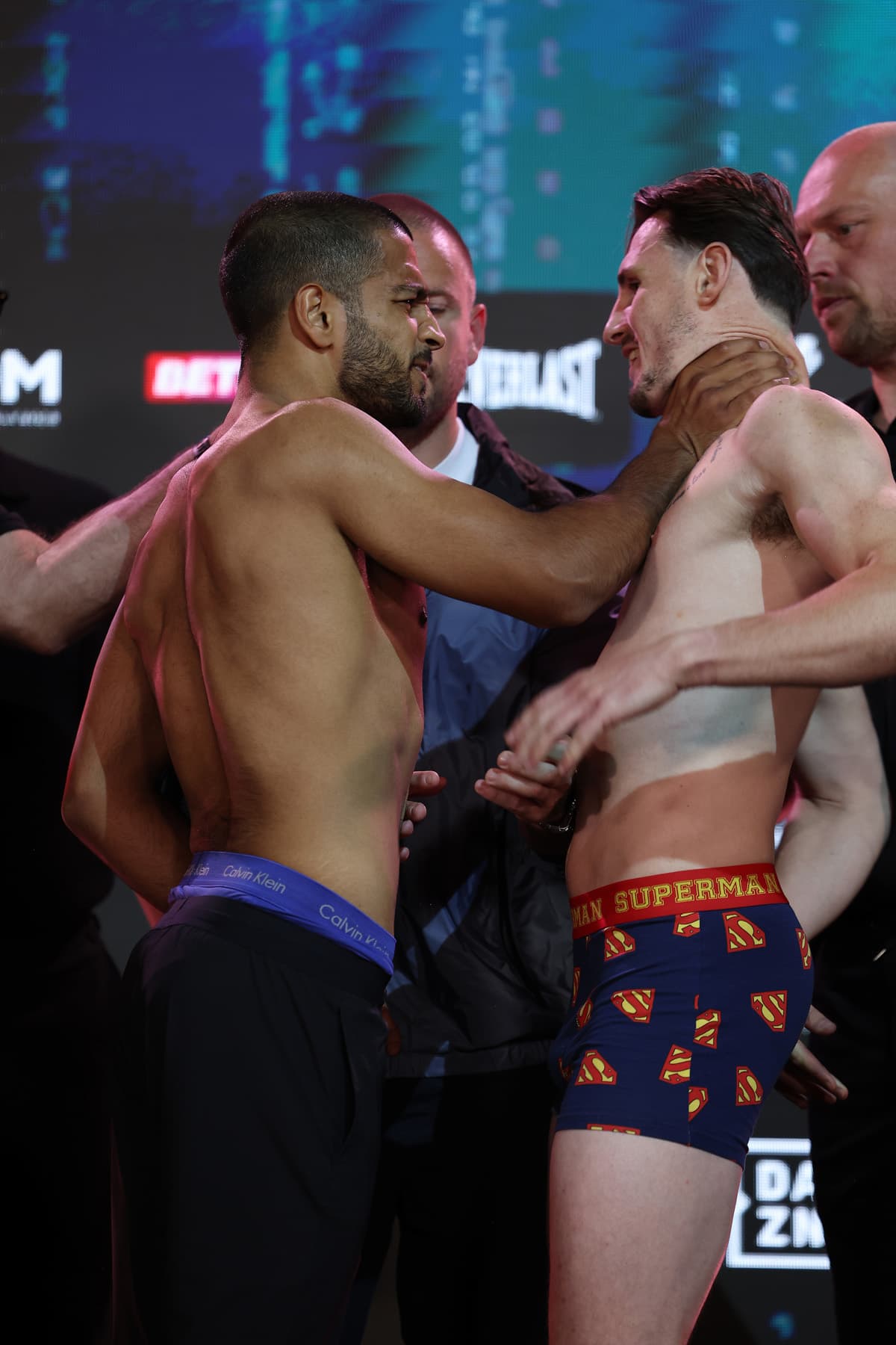 Aqib Fiaz and Alex Murphy at the weigh-in ahead of their boxing bout in Manchester