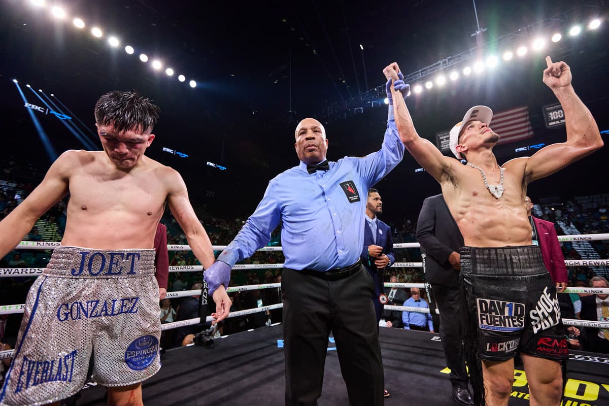 Brandon Figueroa defeats Joet Gonzalez during their bout at the MGM Grand Garden Arena in Las Vegas