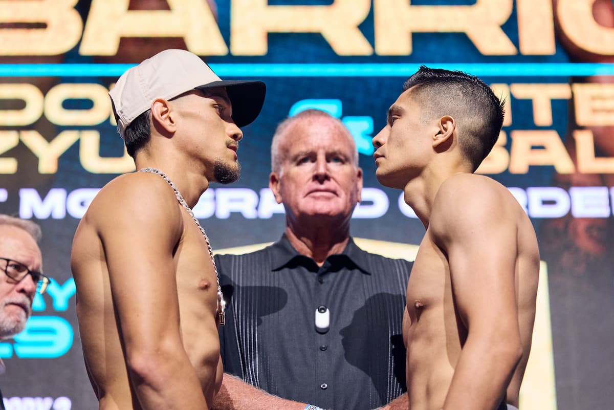 Brandon Figueroa and Joet Gonzalez during the weigh-in ahead of their bout in Las Vegas