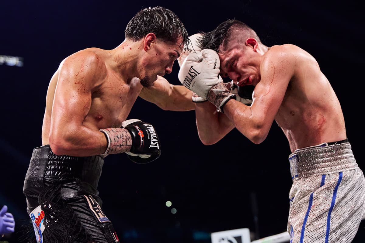 Brandon Figueroa punches Joet Gonzalez during their bout at the MGM Grand Garden Arena in Las Vegas