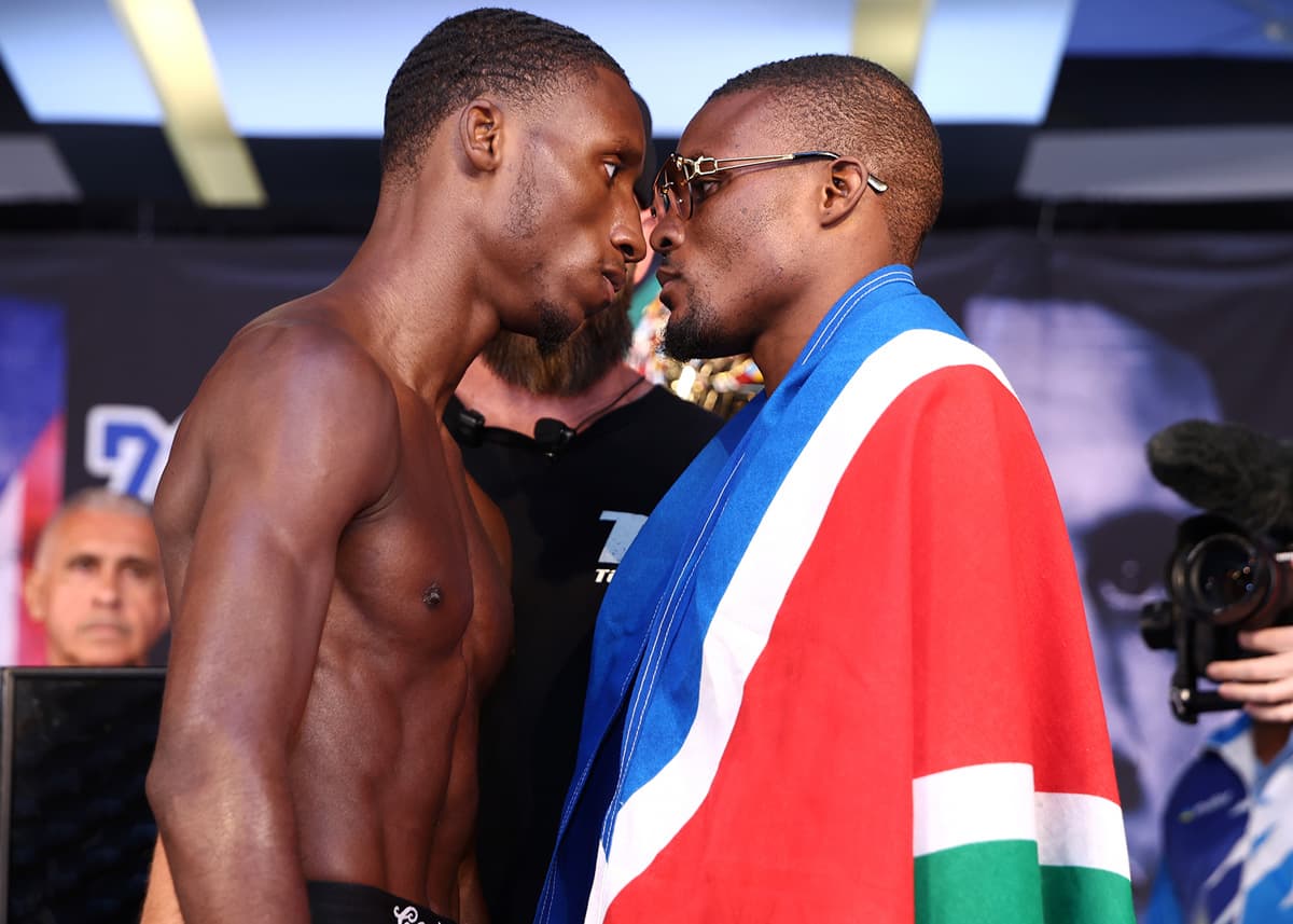 Bruce Carrington and Mateus Heita during the weigh-in ahead of their boxing bout at The Theater at Madison Square Garden in New York