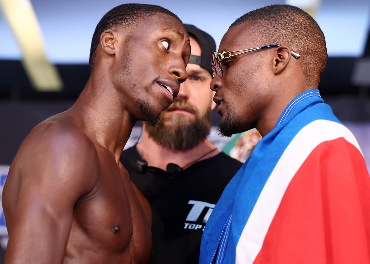 Bruce Carrington and Mateus Heita during the weigh-in ahead of their boxing bout at The Theater at Madison Square Garden in New York