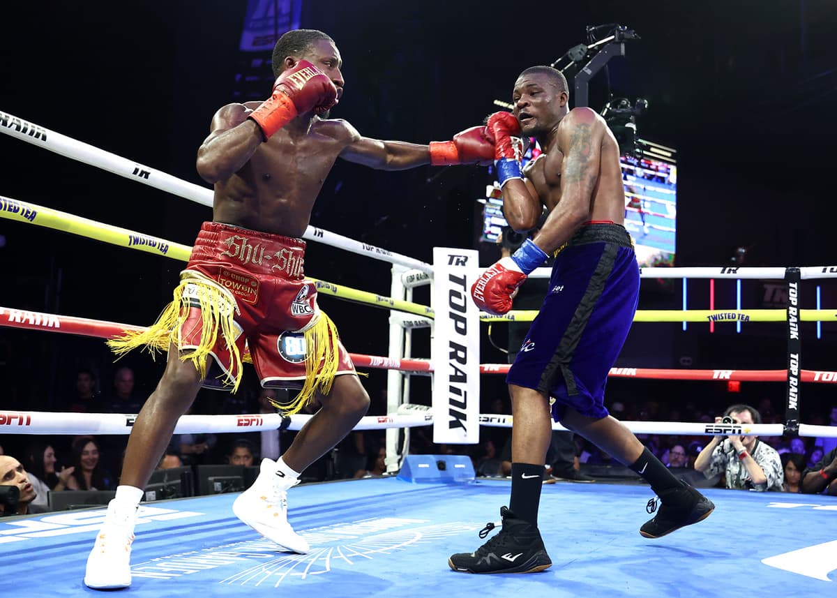 Bruce Carrington throws a jab during his bout against Mateus Heita at The Theater at Madison Square Garden in New York