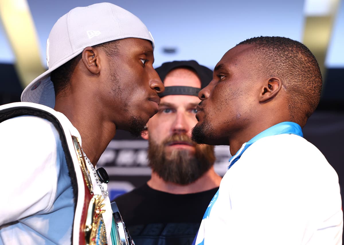 Bruce Carrington and Mateus Heita during the press conference ahead of their bout at The Theater at Madison Square Garden in New York