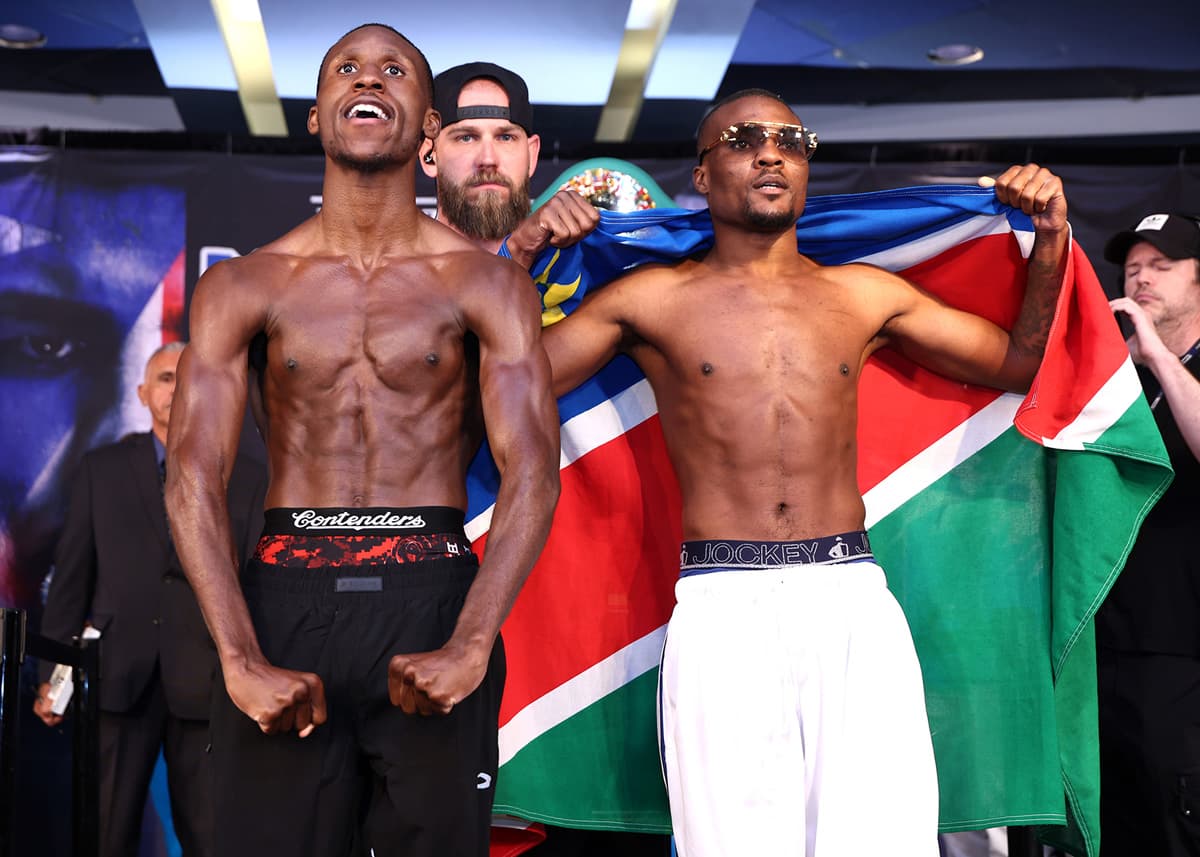 Bruce Carrington and Mateus Heita during the weigh-in ahead of their boxing bout at The Theater at Madison Square Garden in New York