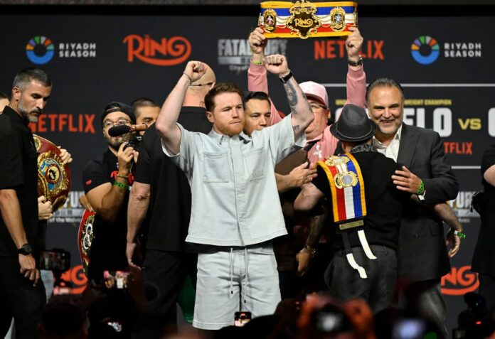 Canelo Alvarez at the press conference in Las Vegas ahead of his boxing bout against Terence Crawford