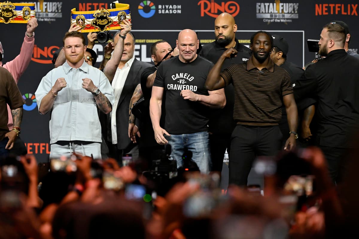 Canelo Alvarez, Dana White and Terence Crawford at the press conference in Las Vegas