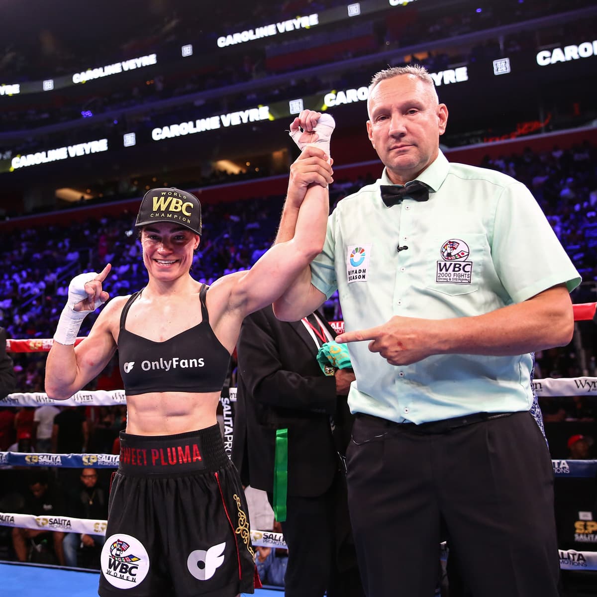 Caroline Veyre defeats Licia Boudersa during their bout at Little Caesars Arena in Detroit